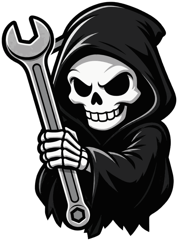 Grimm, the Grimm Repairs reaper mascot, holding a wrench