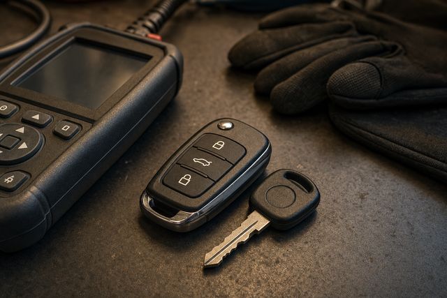 Car key fob and ignition key on a workbench beside a diagnostic scan tool and mechanics gloves