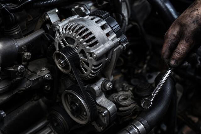 Alternator mounted in an engine bay with the serpentine belt and pulleys visible
