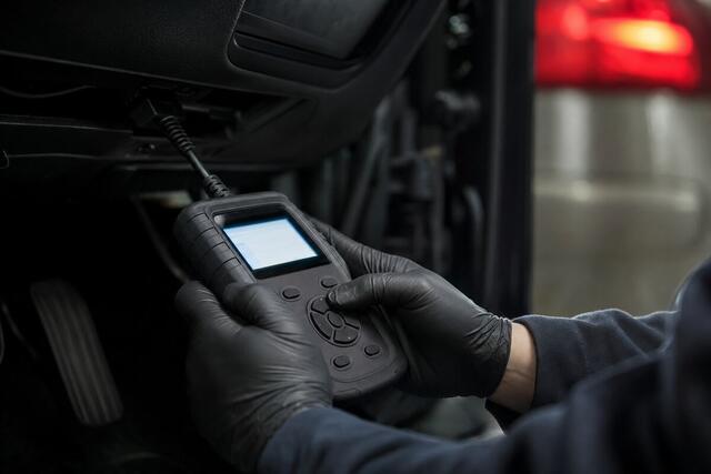 Technician holding a professional OBD-II diagnostic scanner plugged in under a dashboard