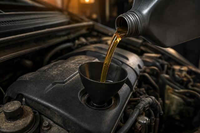 Fresh motor oil pouring through a funnel into an engine fill port